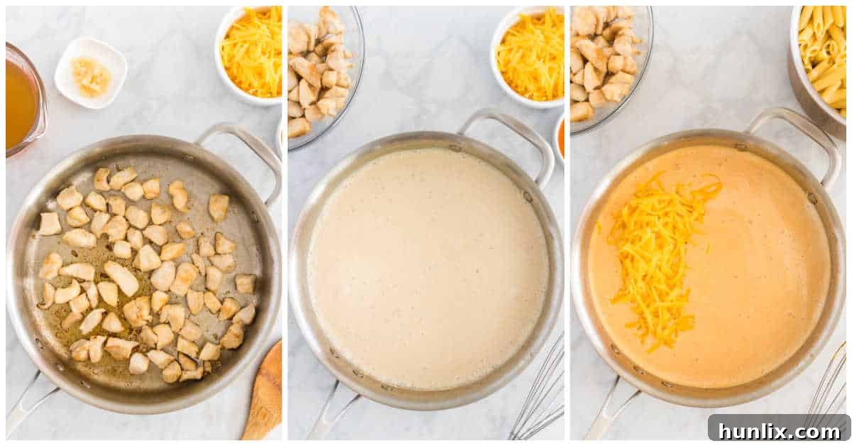 Kickin Buffalo Chicken Pasta 4 A collage of steps showing the sauce being made in a pan.