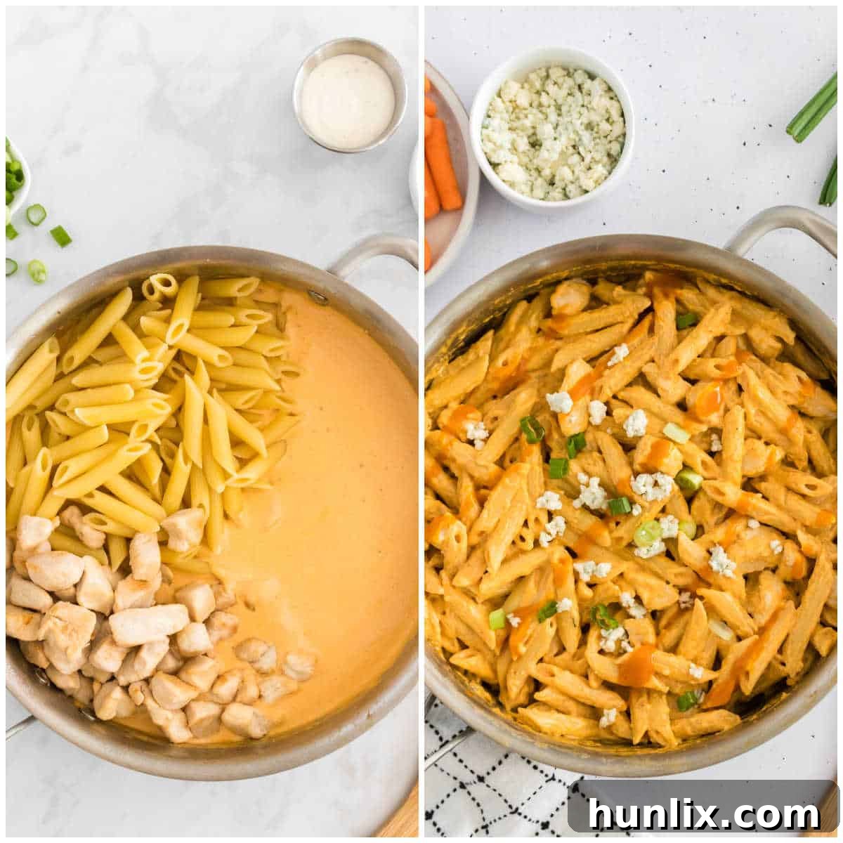 Kickin Buffalo Chicken Pasta 5 A collage of steps showing the pasta being added to the pan with the sauce and chicken.
