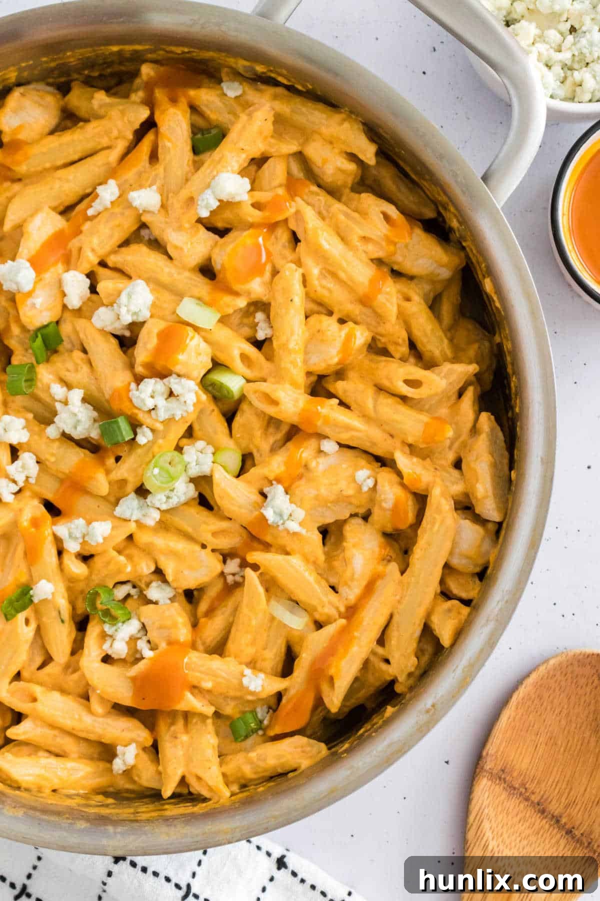 Kickin Buffalo Chicken Pasta 6 The finished buffalo chicken pasta recipe presented in a pan.