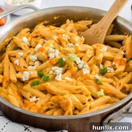 The finished Buffalo Chicken Pasta recipe in a pan, ready for serving.