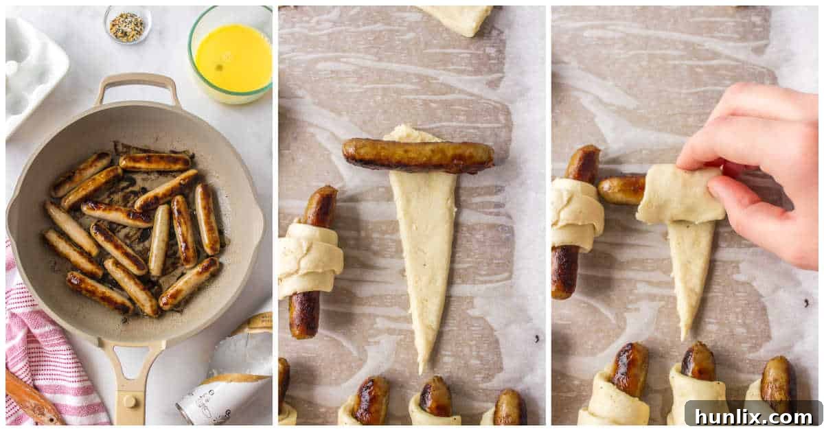 Collage showing steps for wrapping sausages in crescent dough for breakfast pigs in a blanket.