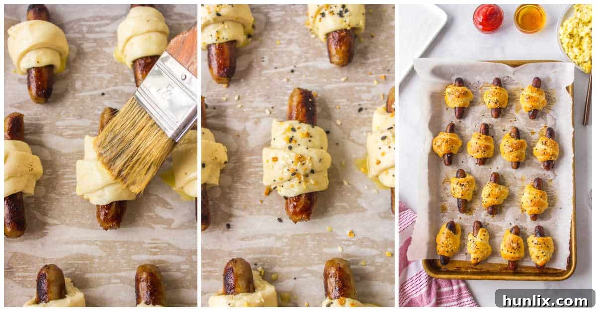 Steps showing egg wash and seasoning application for breakfast pigs in a blanket.