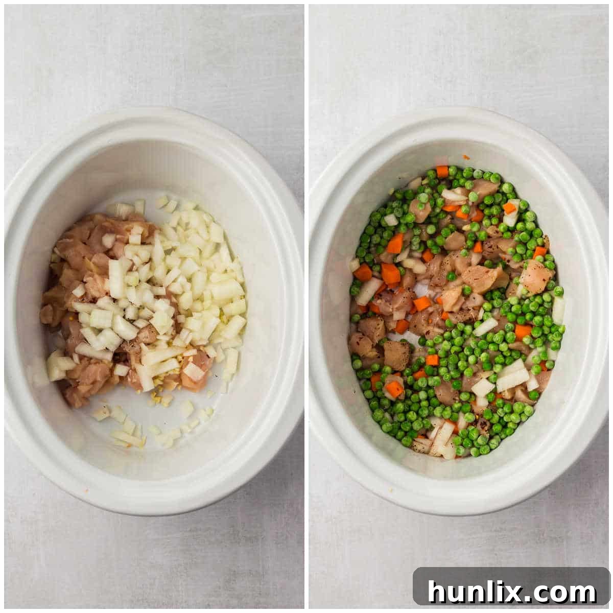 Set-It-and-Forget-It Chicken and Rice 4 A collage showing the initial steps of adding ingredients to a white slow cooker: chicken, seasonings, and vegetables.