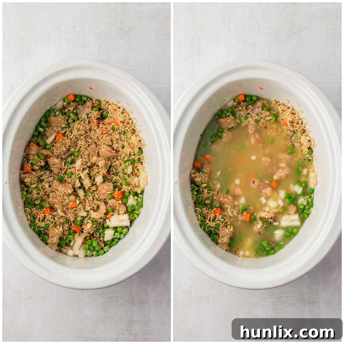 Set-It-and-Forget-It Chicken and Rice 5 A collage illustrating the cooking process in a slow cooker, including stirring the mixture.