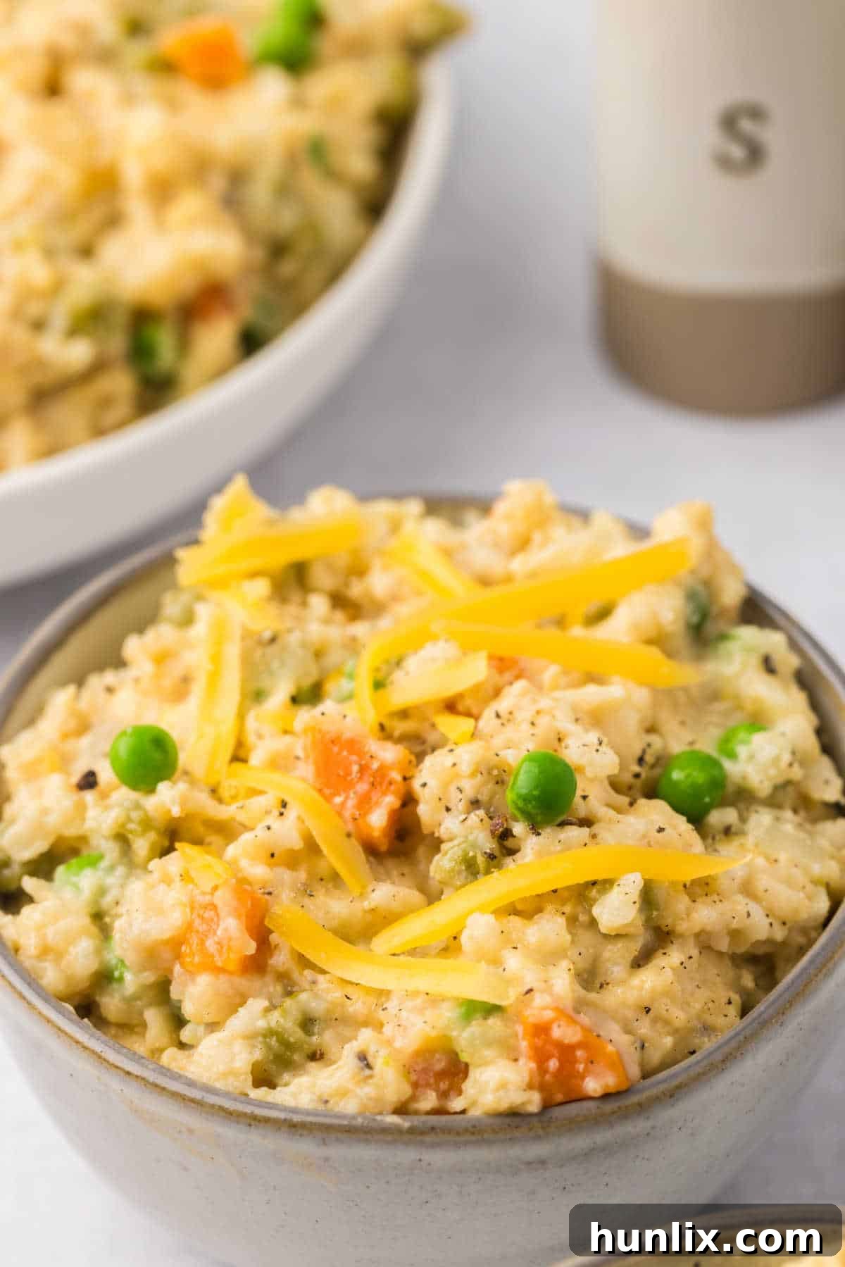 Set-It-and-Forget-It Chicken and Rice 9 A serving of Crockpot Chicken and Rice in a decorative bowl.