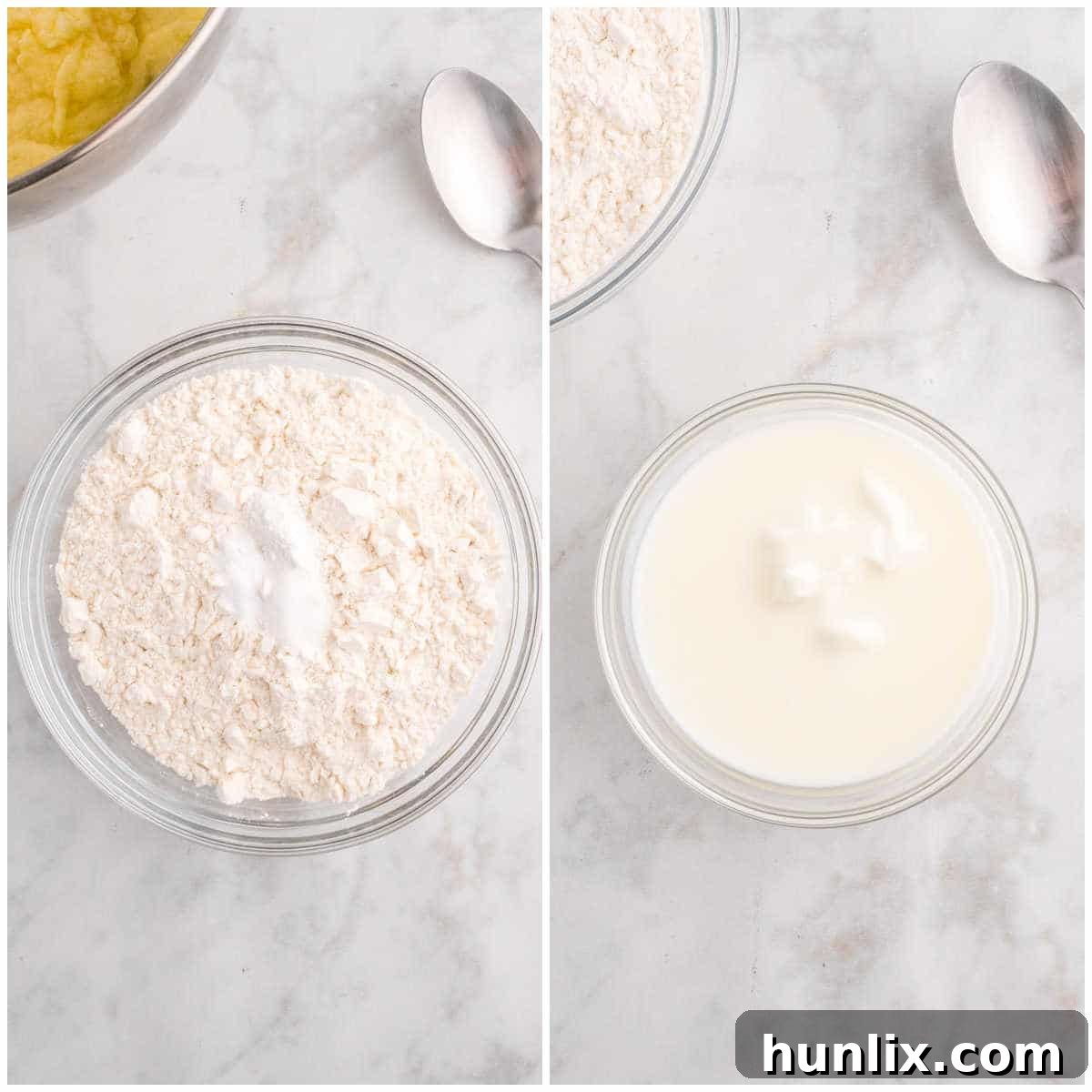 Collage demonstrating the mixing of dry and wet ingredients separately.