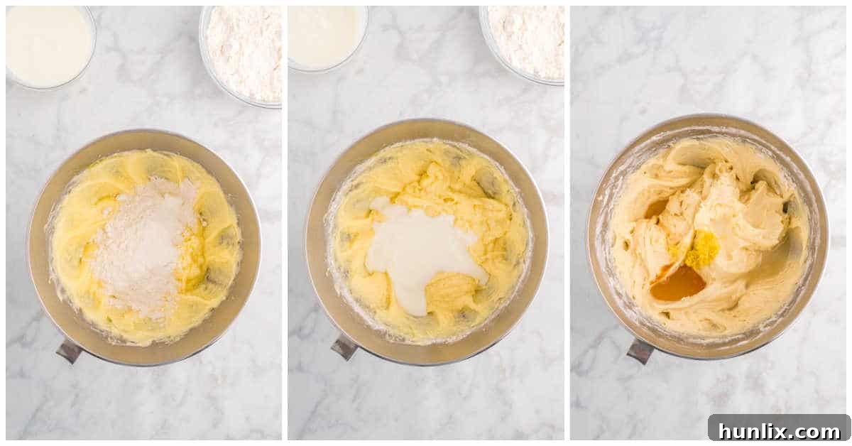 Collage displaying the final mixing of lemon zest and extracts into the cake batter.