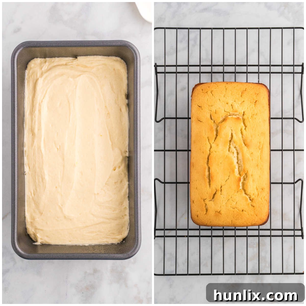 Collage showing the baked lemon pound cake in the pan and cooling on a wire rack.