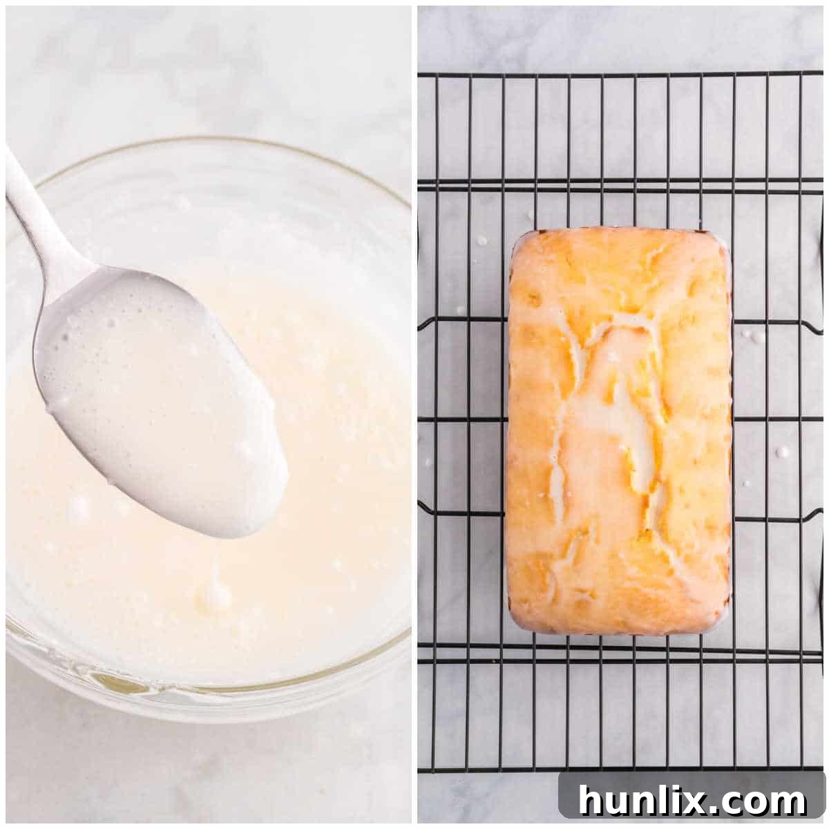 Collage illustrating the drizzling of lemon glaze over the cooled pound cake.