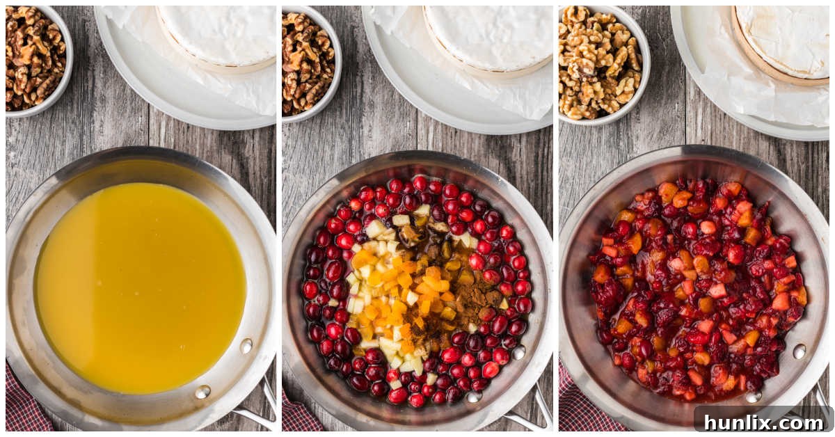 A collage showing the process of making cranberry chutney, with ingredients simmering in a pot.