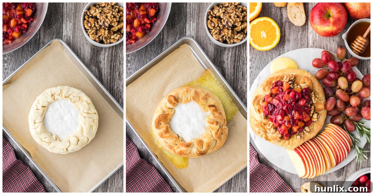 A collage depicting the steps of wrapping a wheel of brie in puff pastry on a baking sheet, with the edges pinched together.