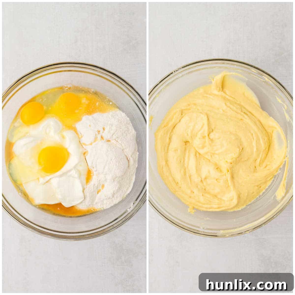 Collage showing the process of mixing the cake batter in a bowl.
