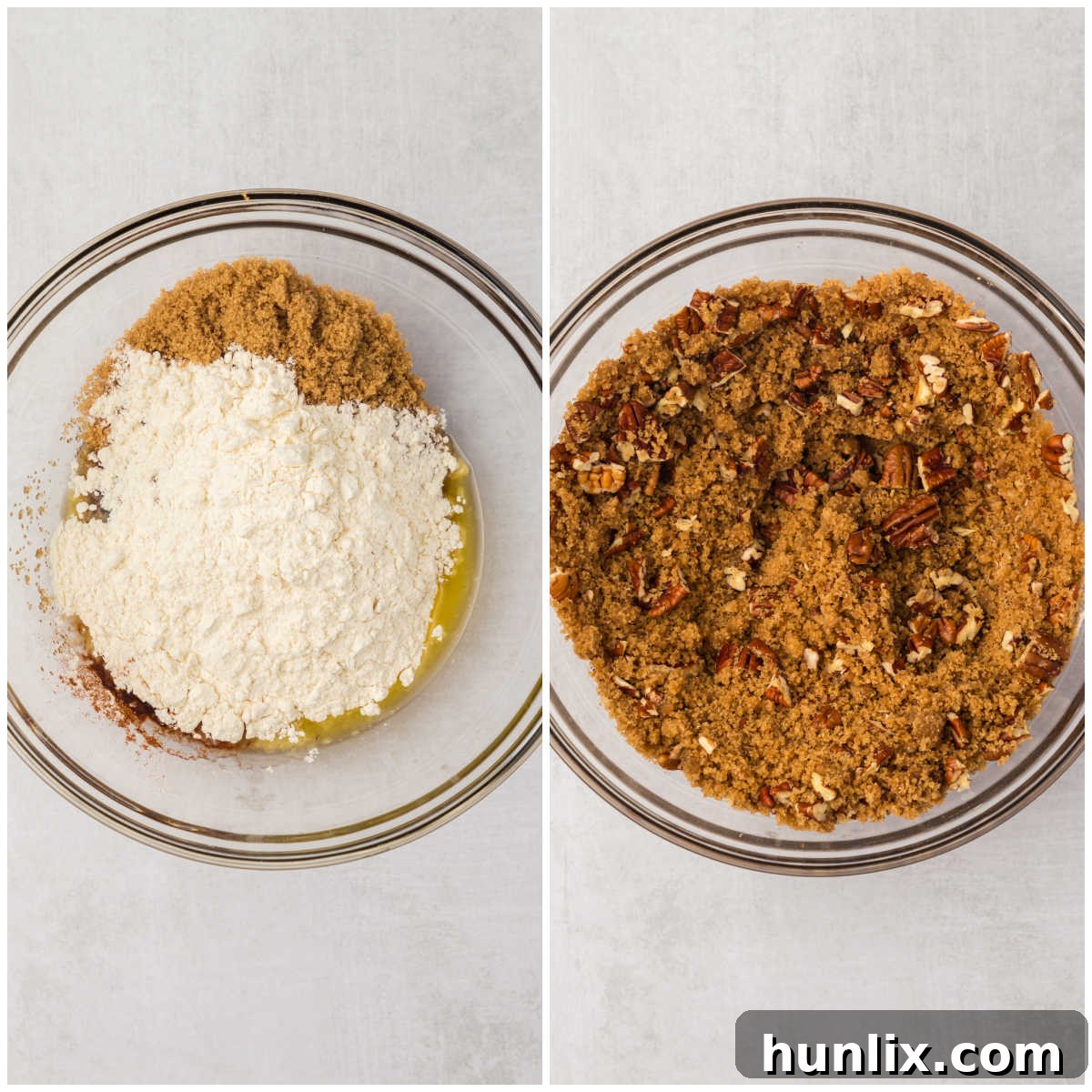 Collage illustrating the steps for making the crumb topping in a bowl.