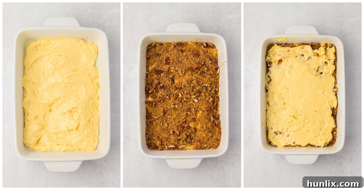 Collage showing the layering of cake batter and streusel in a baking pan.