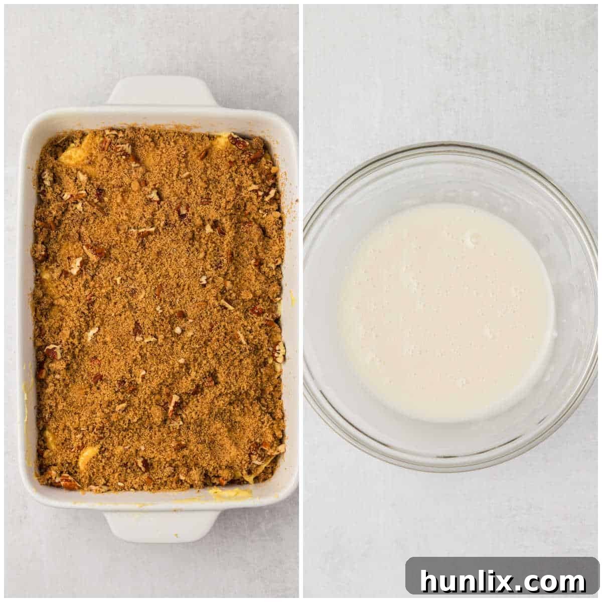 Collage featuring the baked coffee cake in the pan and the process of making the glaze.