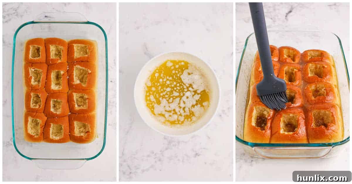 Steps to make Cherry Hawaiian Danishes, showing rolls being prepared with the butter mixture.