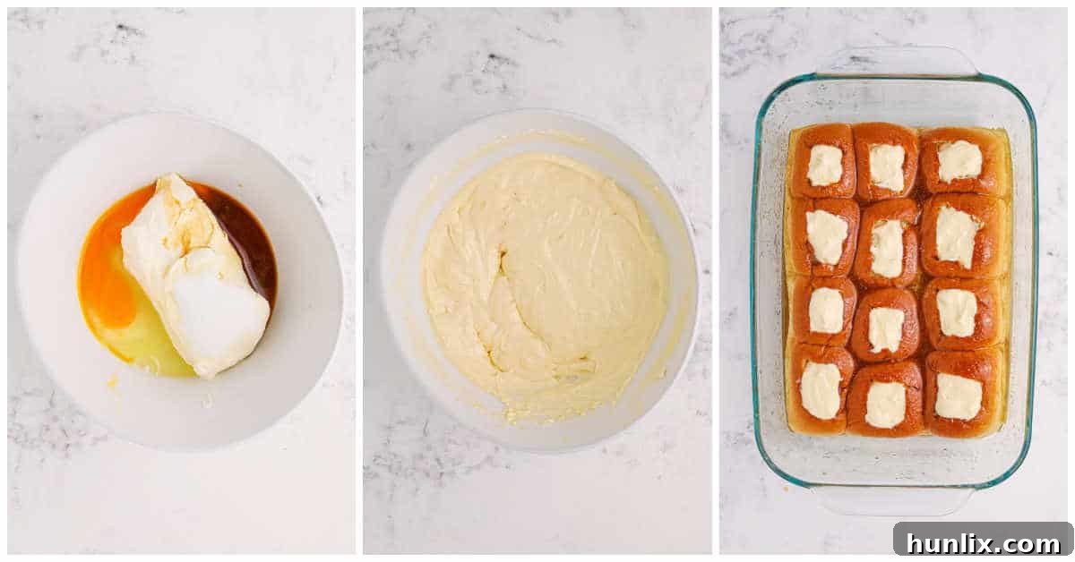 Steps to make Cherry Hawaiian Danishes, showing the cream cheese filling being spooned into the rolls.