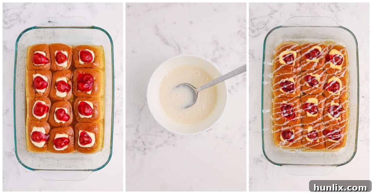 Steps to make Cherry Hawaiian Danishes, showing the finished product cooling in the pan after baking.