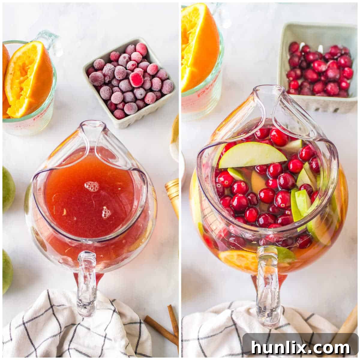 A collage showing the steps of mixing Holiday Sangria in a pitcher with various ingredients.
