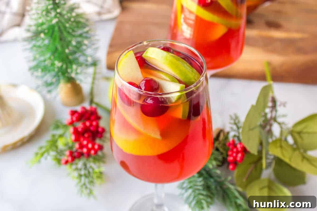 A close-up of Holiday Sangria in a glass, garnished with fruit and a sugared rim.