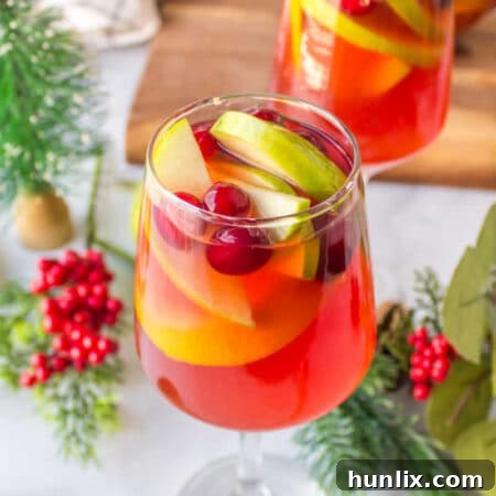 A glass of the Holiday Sangria, garnished with fruit.