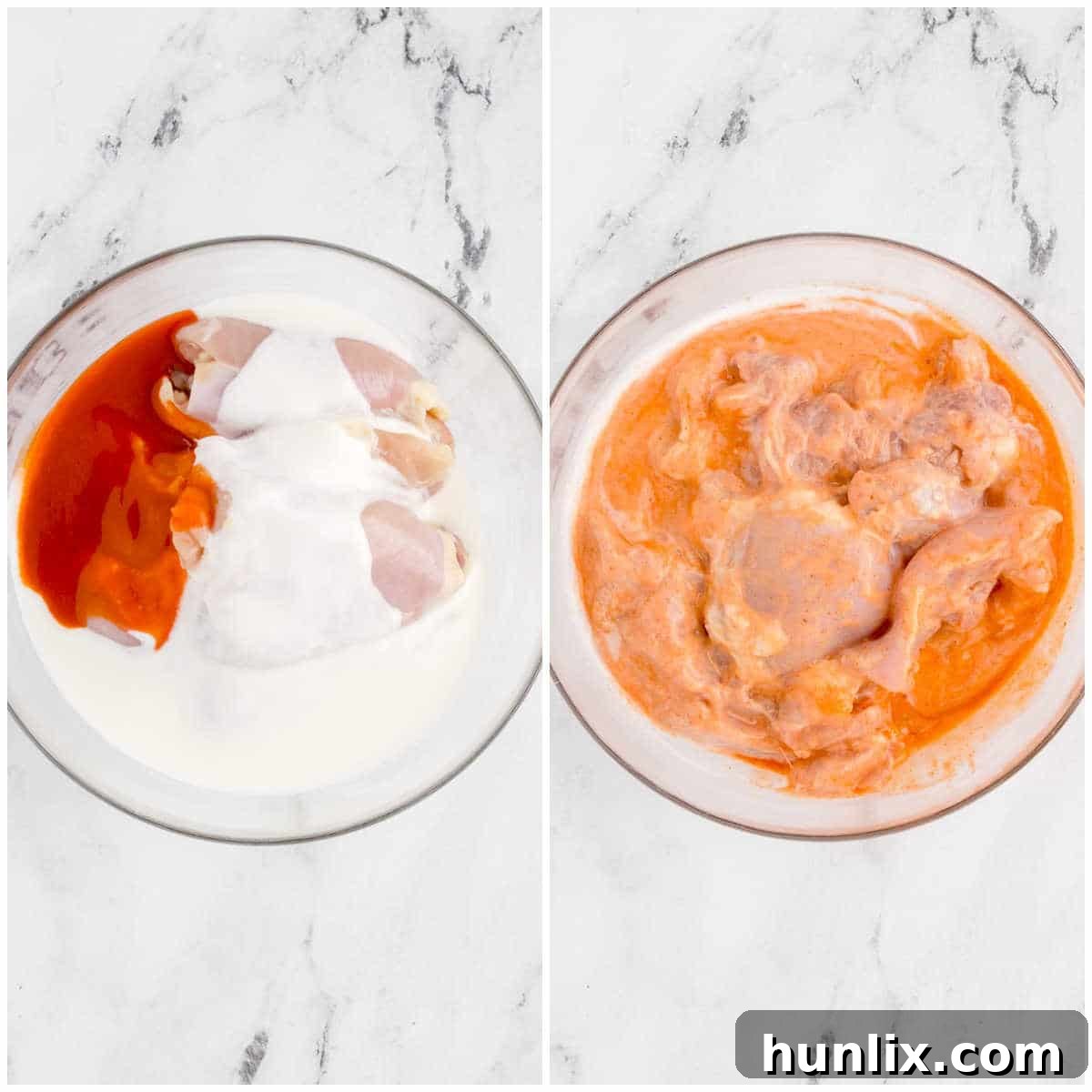 Crispy Air-Fried Nashville Heat 4 A collage showing chicken marinating in a buttermilk and hot sauce mixture in a bowl.