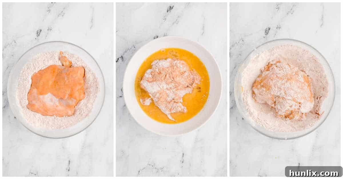 Crispy Air-Fried Nashville Heat 6 A collage demonstrating the double-dredging process of coating chicken in flour and egg.