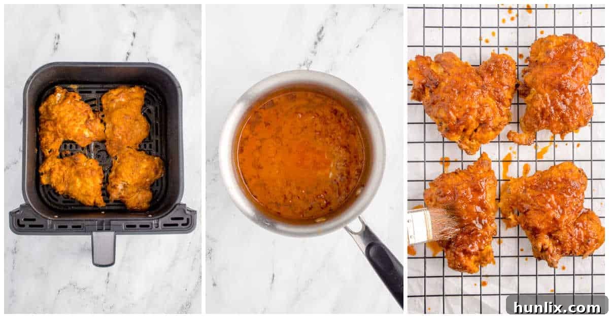 Crispy Air-Fried Nashville Heat 7 A collage showing the air frying process and the hot sauce being prepared and added to the chicken.