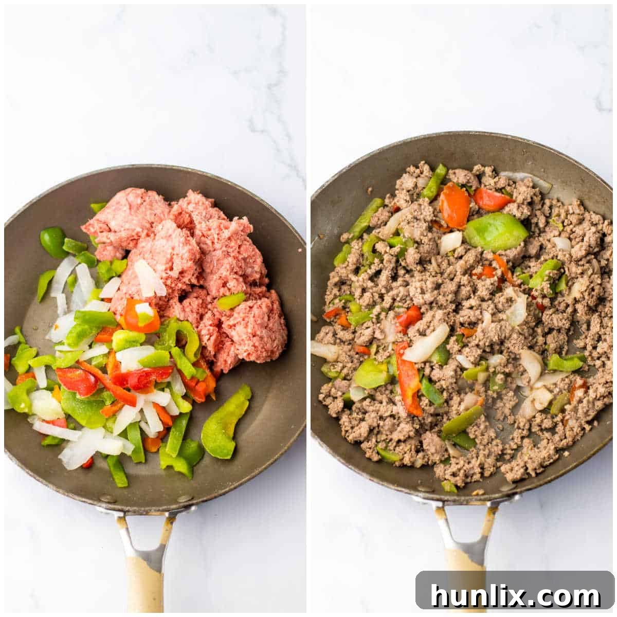 Ground beef, peppers, and onions browning in a skillet as the first step in making chili cheese stuffed shells.