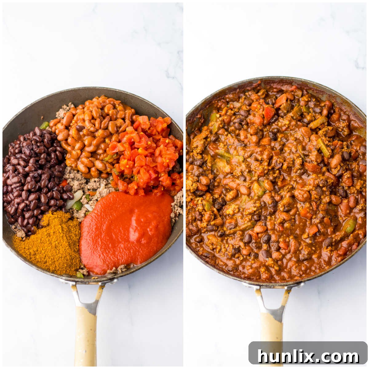 The chili mixture simmering in a skillet, with beans, tomatoes, and spices, as part of the chili cheese stuffed shells preparation.