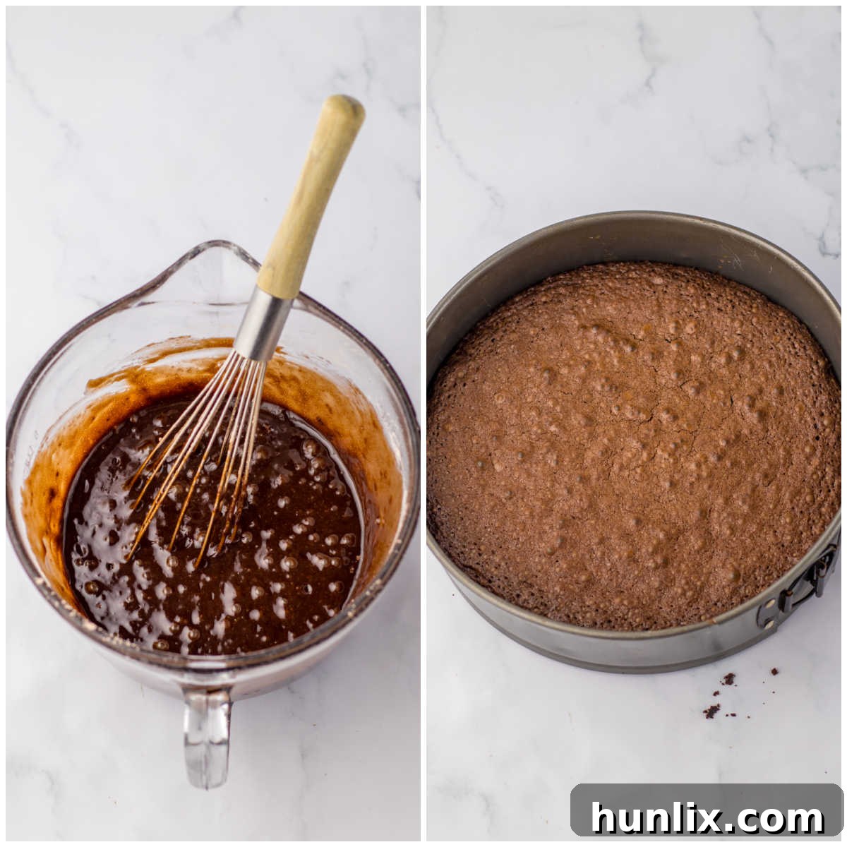 Brownie Nebula Cheesecake 4 Image showing two steps in making Cosmic Brownie Cheesecake: first, brownie batter is poured into a springform pan, and second, the partially baked brownie crust cooling.