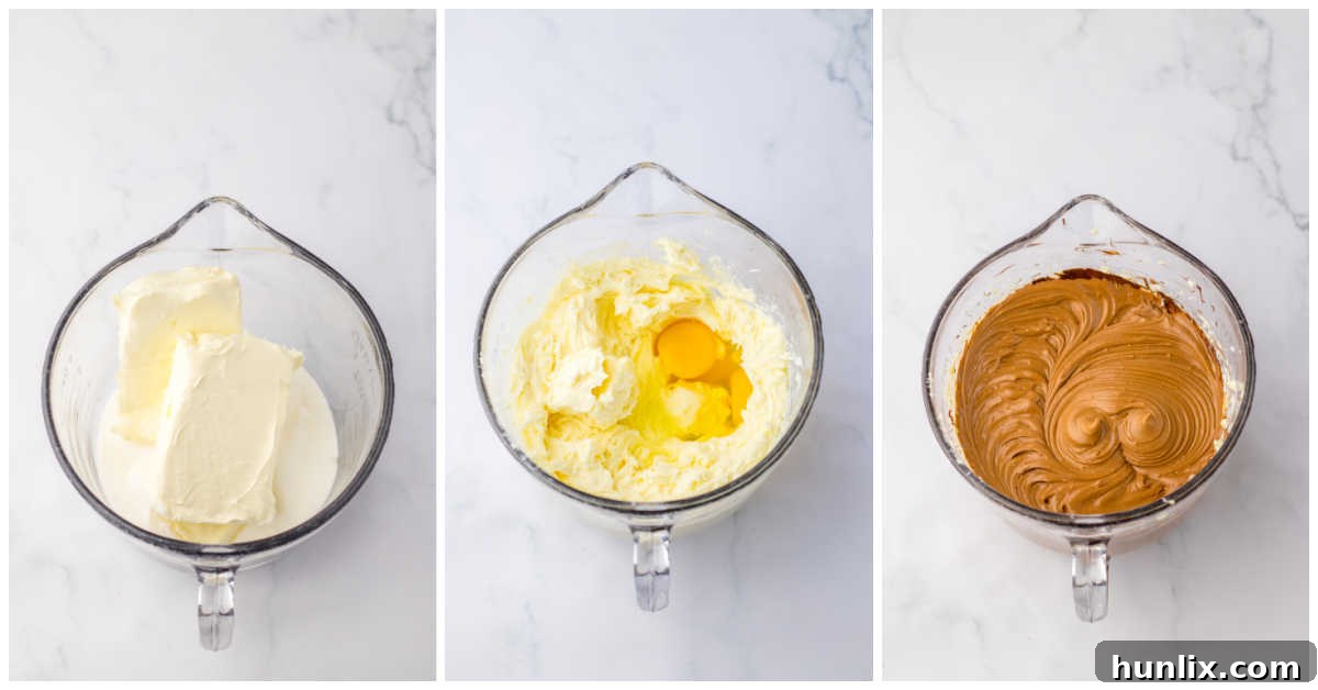 Brownie Nebula Cheesecake 5 Image showing steps in making Cosmic Brownie Cheesecake: melting chocolate, then mixing cream cheese and sugar, followed by adding eggs and then melted chocolate to the cheesecake batter.