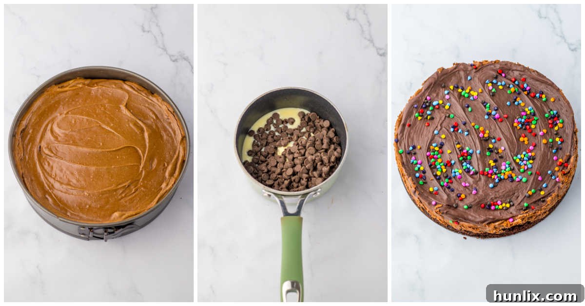 Brownie Nebula Cheesecake 6 Image showing final steps of making Cosmic Brownie Cheesecake: pouring ganache over the baked cheesecake, followed by scattering rainbow sprinkles on top.