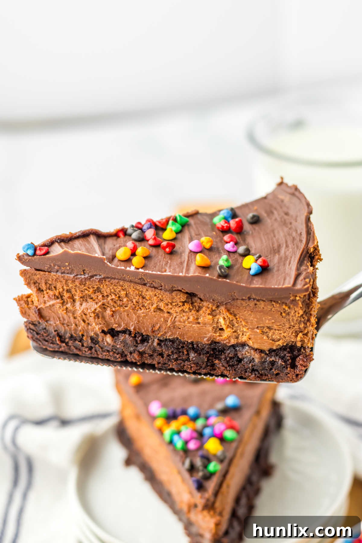 Brownie Nebula Cheesecake 7 A slice of Cosmic Brownie Cheesecake resting on a metal spatula, ready to be served, highlighting its distinct layers.