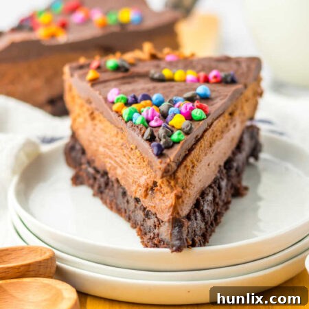 Brownie Nebula Cheesecake 10 A slice of Cosmic Brownie Cheesecake on a plate, showcasing the various layers and colorful sprinkles.