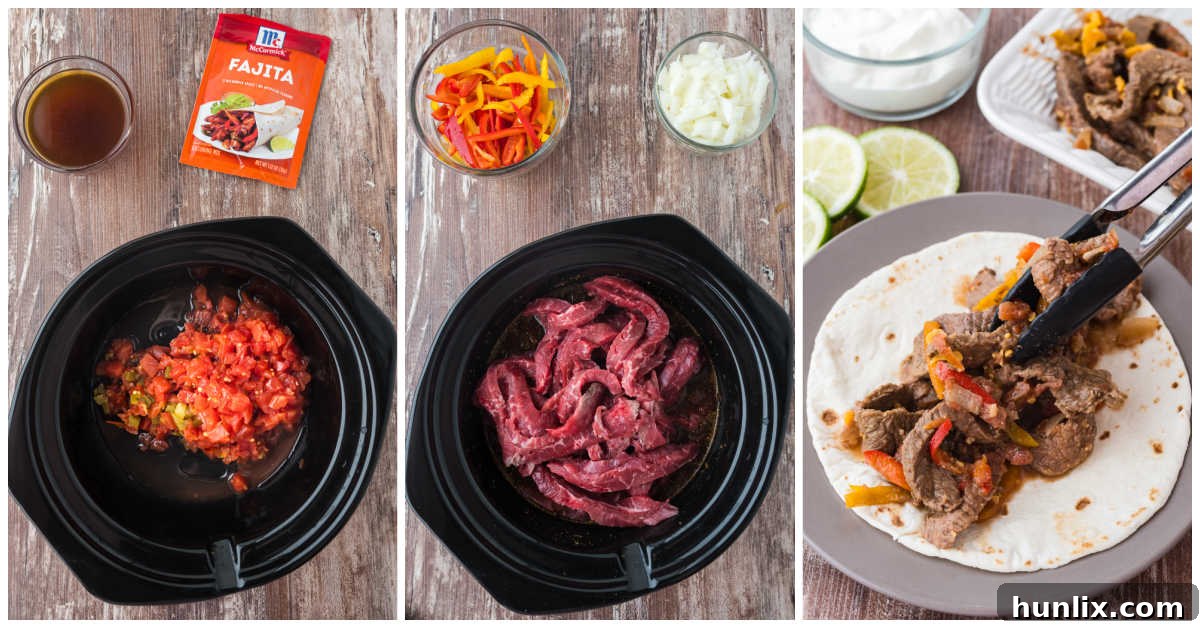 A collage showing the step-by-step process of preparing slow cooker steak fajitas: slicing steak, adding ingredients to the slow cooker, and mixing.