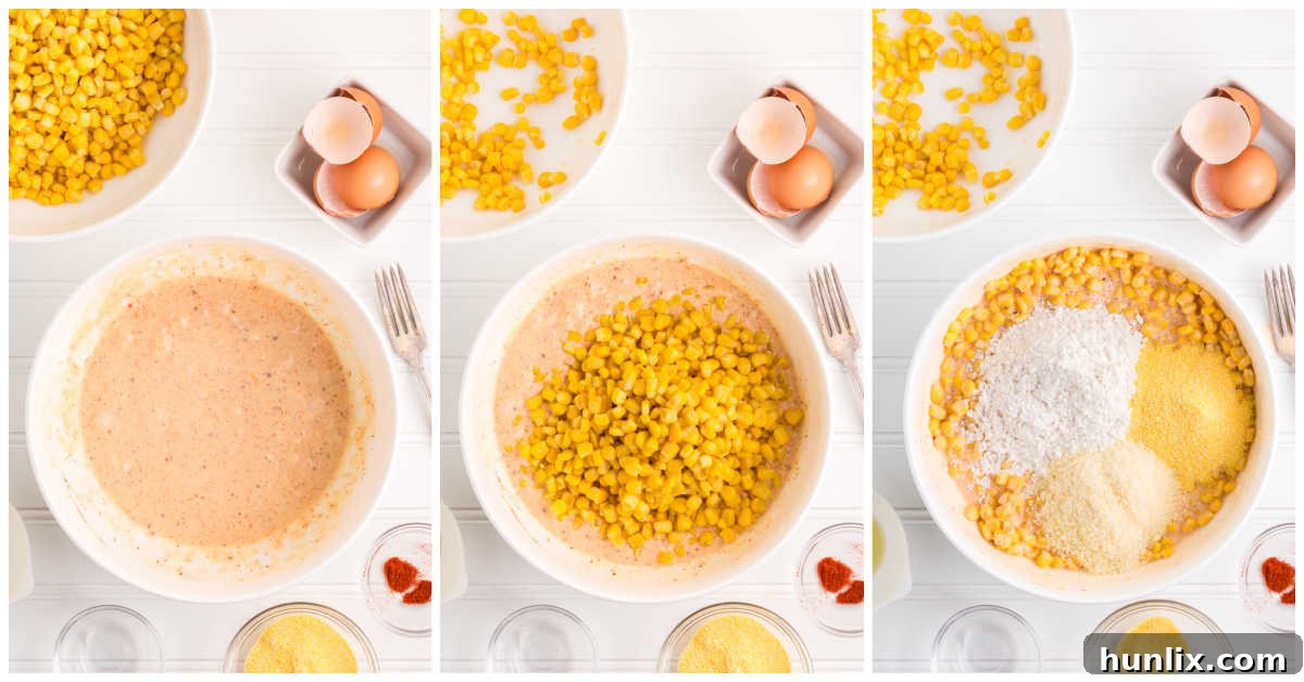 Golden Corn Bites 4 A series of images showing the preparation steps for corn fritters: mixing wet ingredients, adding corn, and combining with dry ingredients to form the batter.