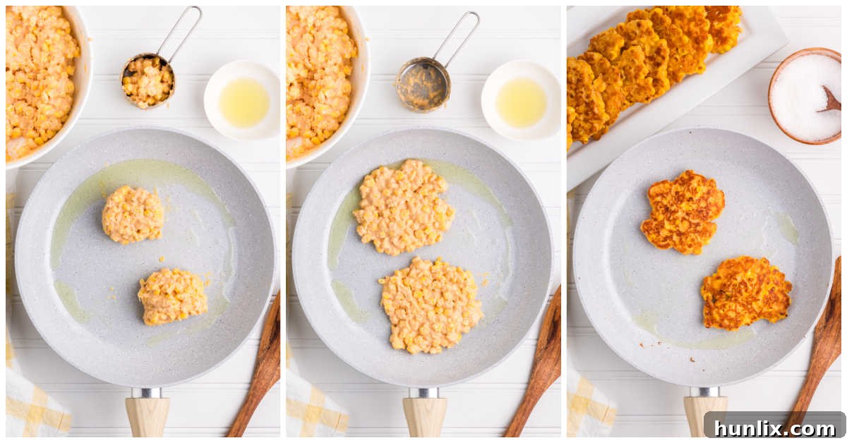 Golden Corn Bites 5 A two-part image showing corn fritters cooking in a pan until golden brown, then being transferred to a paper towel-lined plate.