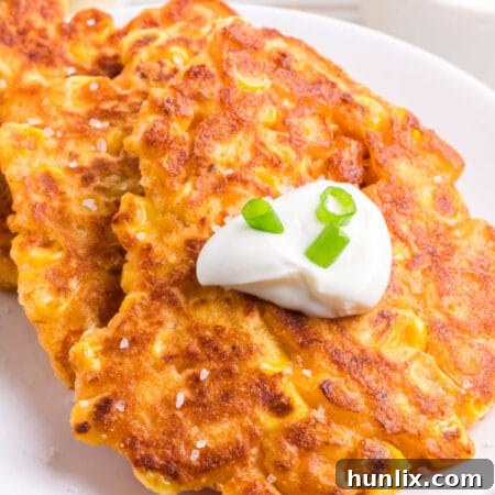 A top-down view of a single golden-brown corn fritter, perfectly cooked and ready to be served.