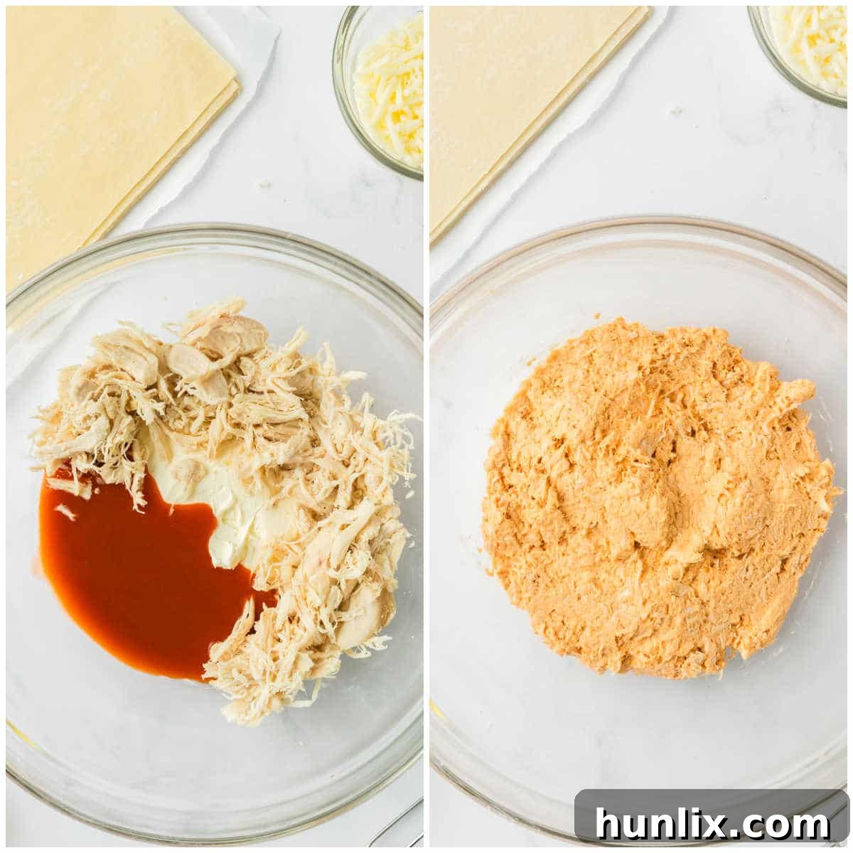 A collage showing the process of mixing shredded chicken, buffalo sauce, and cream cheese in a bowl for the egg roll filling.