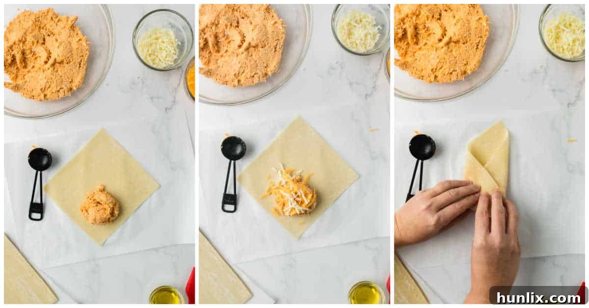 A collage demonstrating the steps of spooning the filling, sprinkling cheese, and tightly rolling the egg roll wrappers.