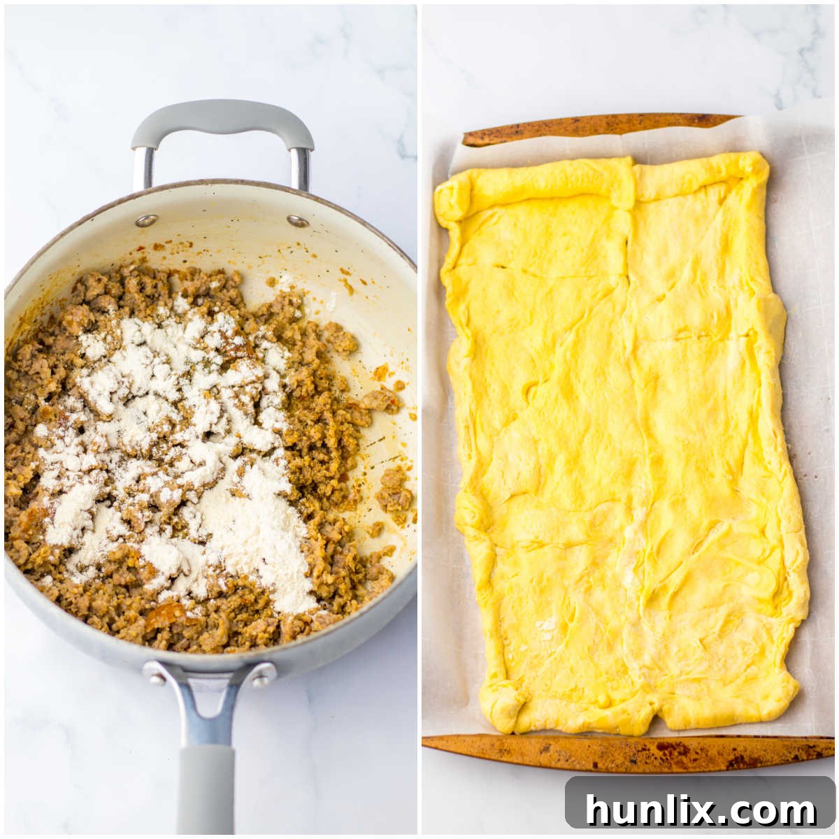 A two-part collage showing the process: browning sausage in a skillet and pressing crescent roll dough onto a parchment-lined baking sheet.