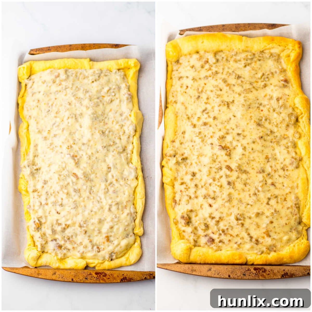 A collage showing the sausage gravy spread over the crescent roll crust on a baking sheet, ready for the oven.