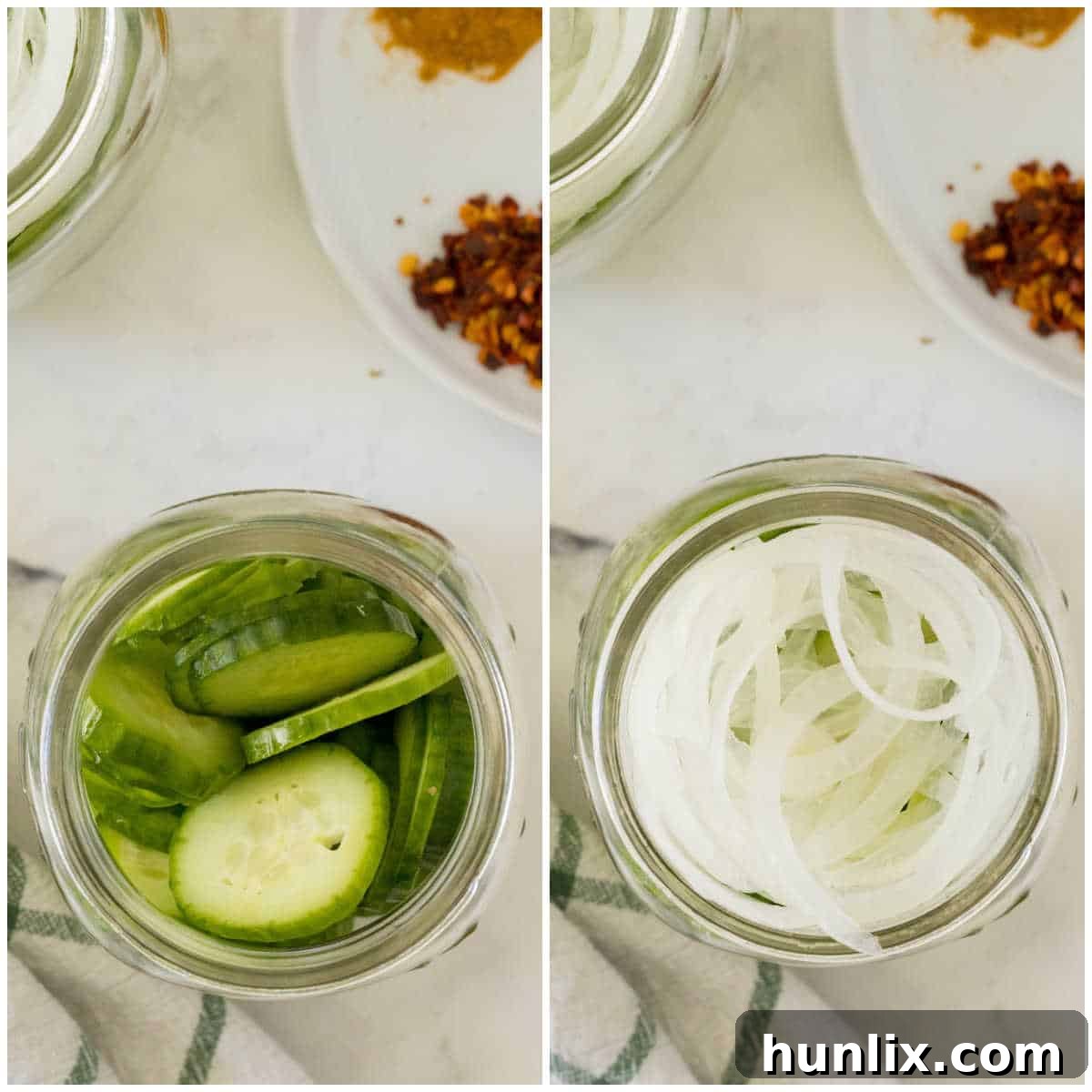 Quick and Easy Refrigerator Bread and Butter Pickles 4 Sliced cucumbers and onions being placed into mason jars, the initial step for making refrigerator pickles.