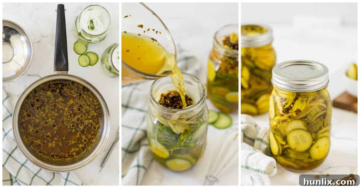 Quick and Easy Refrigerator Bread and Butter Pickles 5 Close-up of mason jars filled with sliced cucumbers, onions, and pickling brine, cooling on a counter.