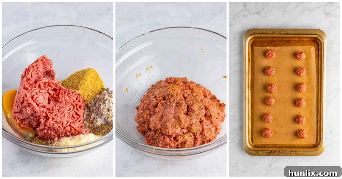 A series of images showing the process of mixing and forming meatballs for the sliders.