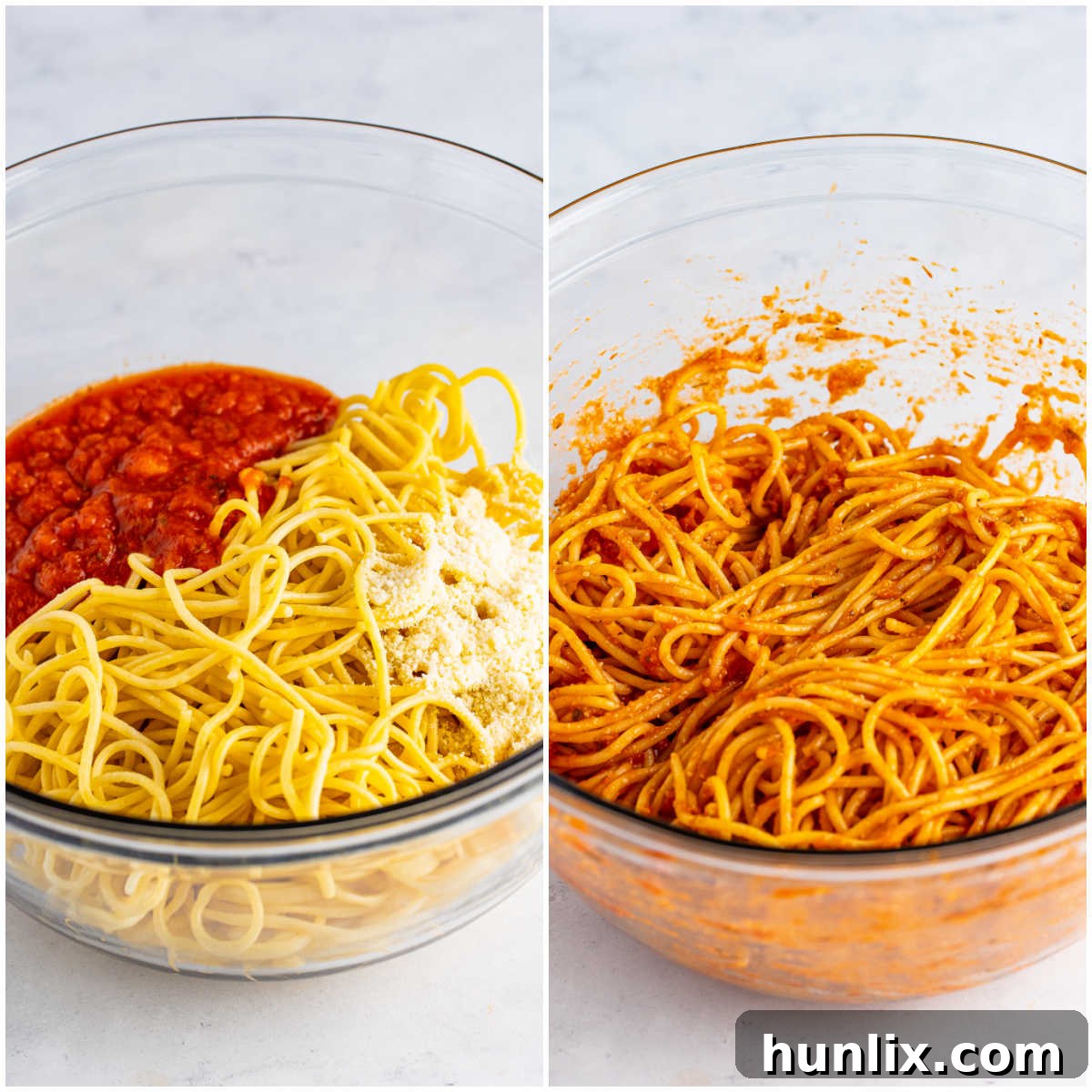 Cooked spaghetti being mixed with marinara sauce and Parmesan cheese in a large bowl.