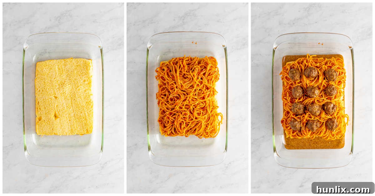 Steps showing spaghetti and meatballs being layered onto Hawaiian rolls in a baking dish.