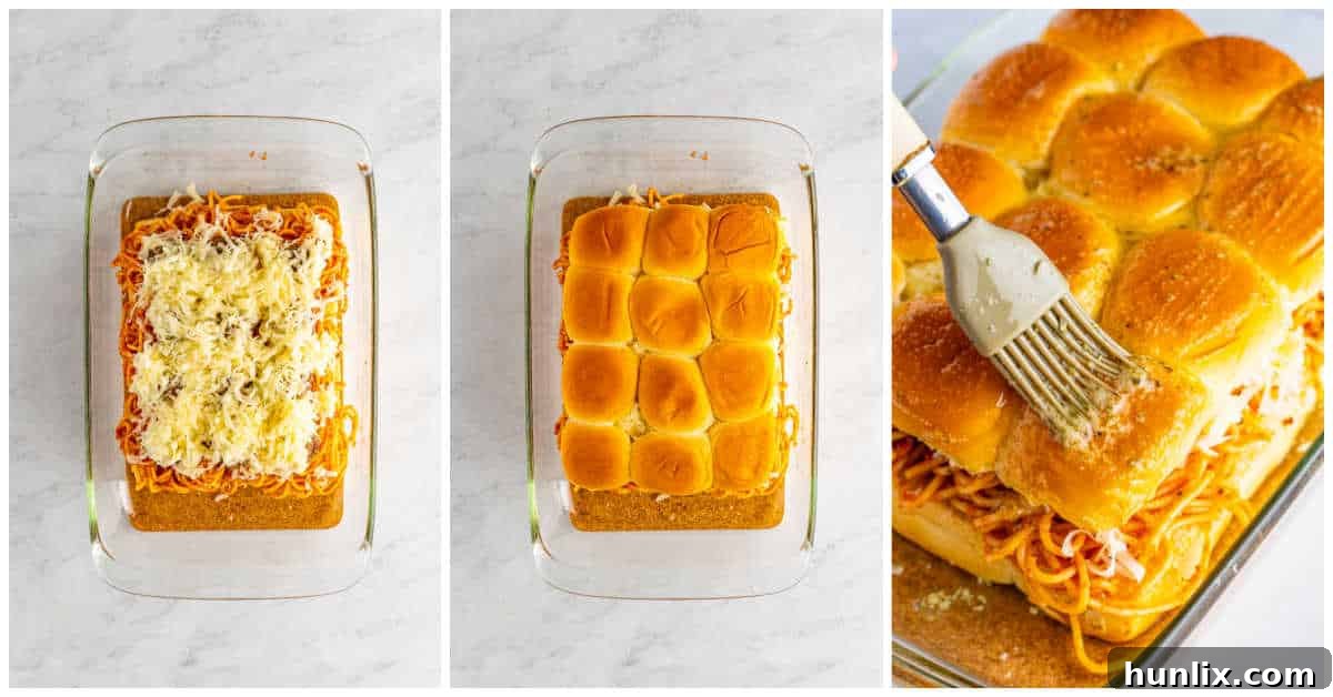The final steps of baking spaghetti and meatball sliders, including covering with foil and browning.