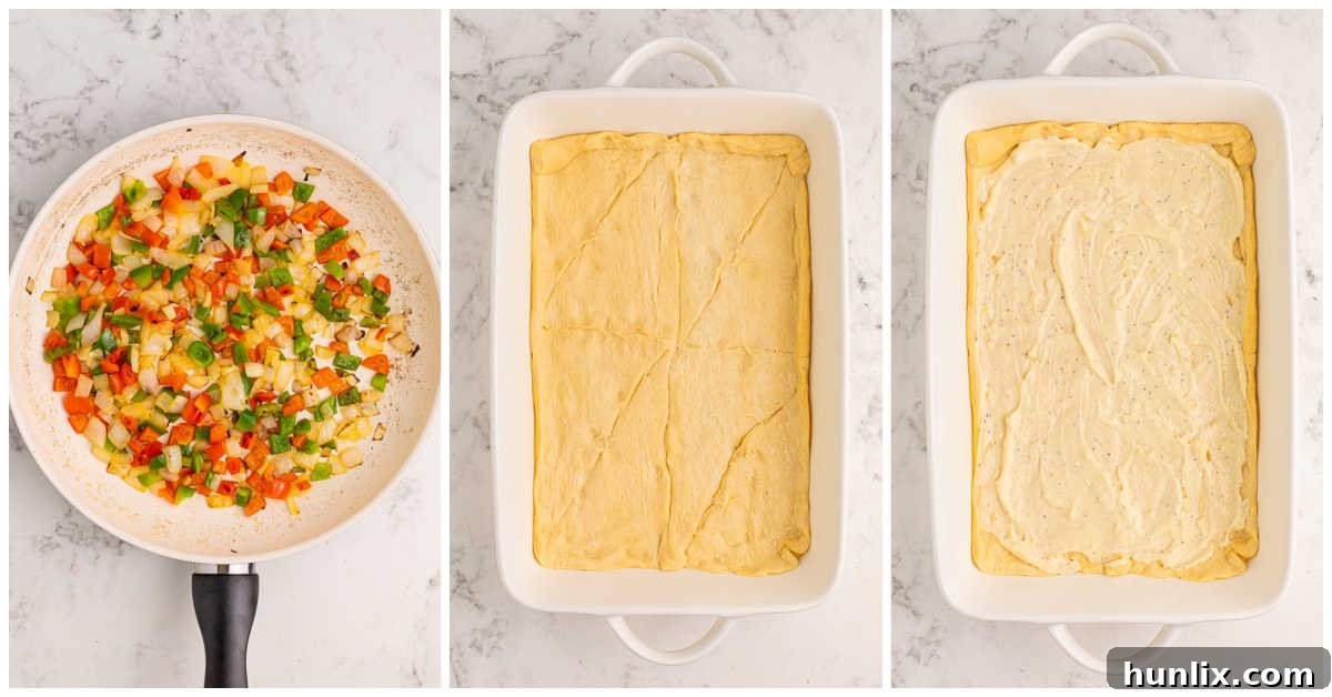 A series of three images showing the preparation steps for Philly cheesesteak squares, including pressing dough into a pan, spreading sauce, and layering cheese.